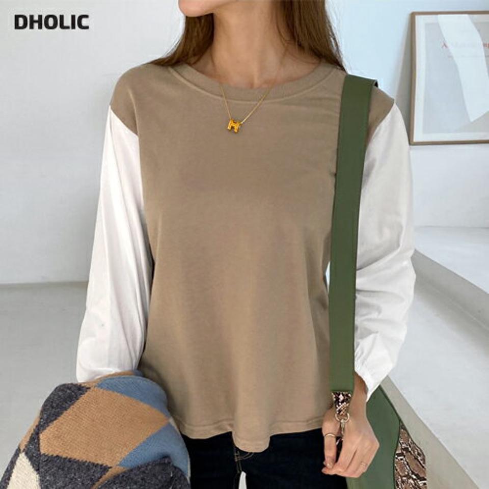 【スーパーセール特価】≪人気商品再入荷≫コントラストスリーブTシャツ・全3色・t70166 レディース 【tops】 トップス Tシャツ 長袖 ラウンドネック 異素材 レイヤード風 スリム ベーシック デイリー 体型カバー 細身 フェミニン 春 秋 韓国ファッション ハイホリHIHOLLI