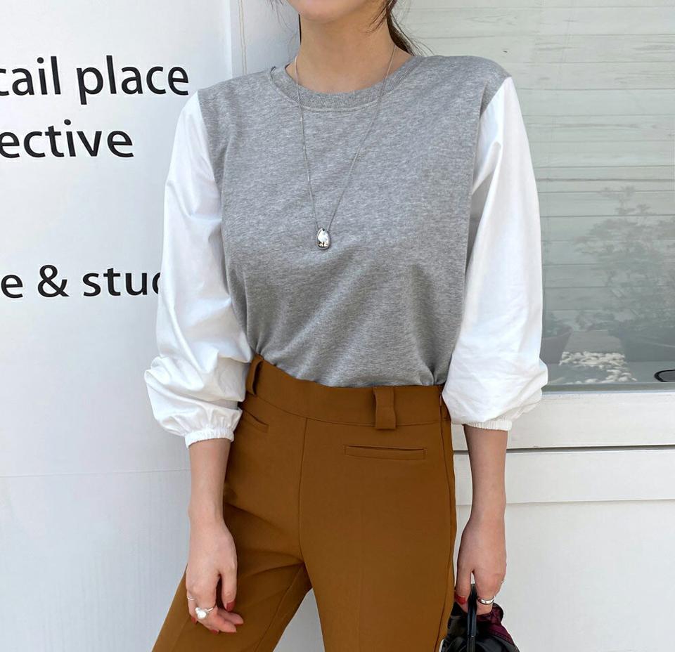 【スーパーセール特価】≪人気商品再入荷≫コントラストスリーブTシャツ・全3色・t70166 レディース 【tops】 トップス Tシャツ 長袖 ラウンドネック 異素材 レイヤード風 スリム ベーシック デイリー 体型カバー 細身 フェミニン 春 秋 韓国ファッション ハイホリHIHOLLI