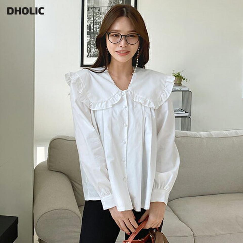 ビッグカラーくるみボタンブラウス・全2色・t70172 レディース 【bl】 トップス ブラウス 長袖 大人 ユニーク ビッグカラー 小顔 フェミニン 襟コン カジュアル パフ Vネック 上品 フリル 春 秋 韓国ファッション ハイホリHIHOLLI