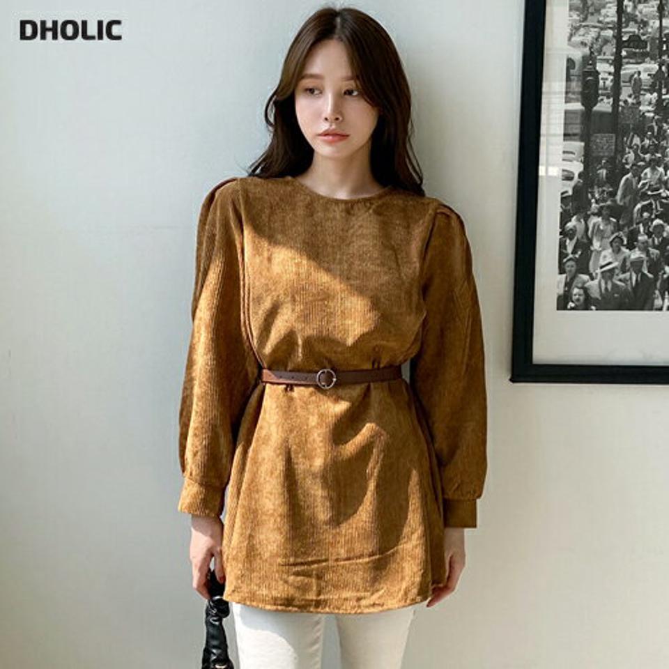 ベルト付コーデュロイブラウス・全3色・t70173 レディース 【bl】 トップス ブラウス 長袖 大人 ユニーク チュニックタイプ コーデュロイ フェミニン カジュアル パフ ラウンドネック 上品 春 秋 韓国ファッション ハイホリHIHOLLI