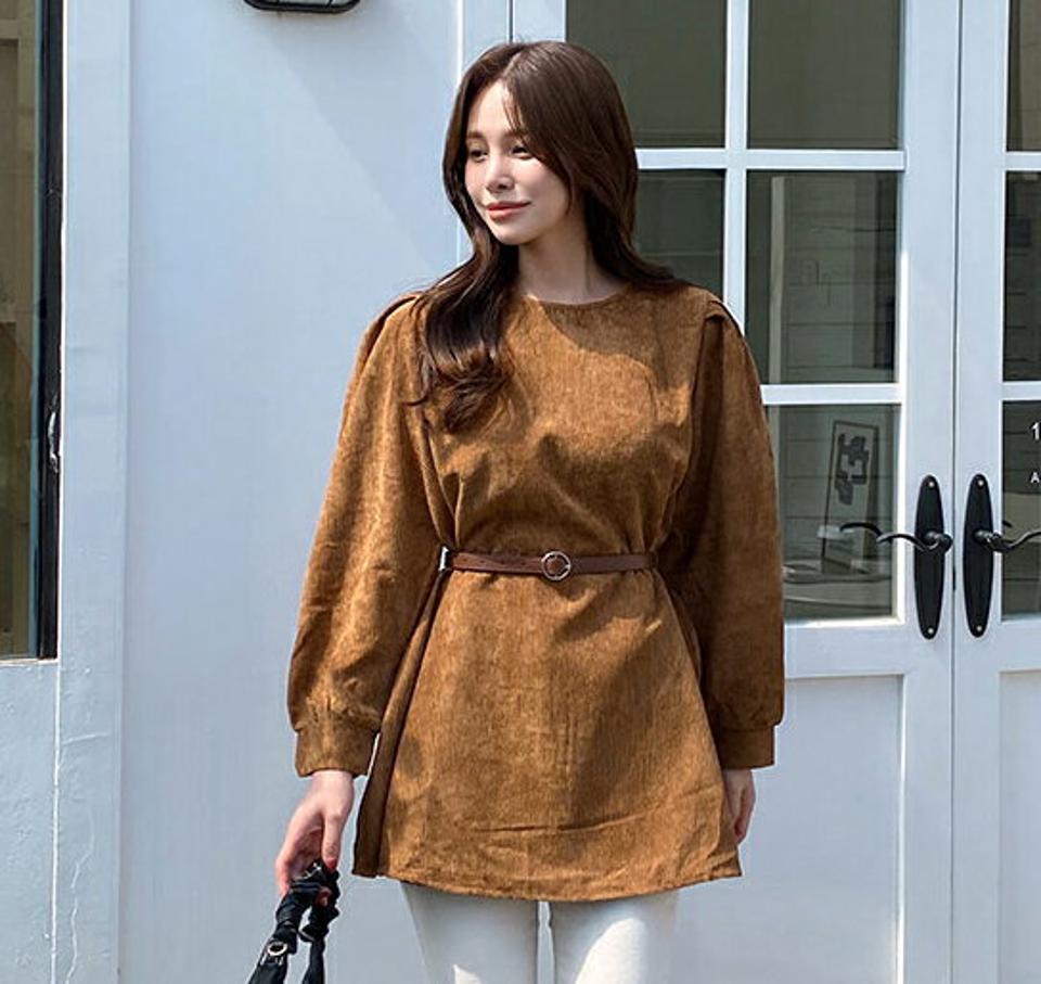 ベルト付コーデュロイブラウス・全3色・t70173 レディース 【bl】 トップス ブラウス 長袖 大人 ユニーク チュニックタイプ コーデュロイ フェミニン カジュアル パフ ラウンドネック 上品 春 秋 韓国ファッション ハイホリHIHOLLI