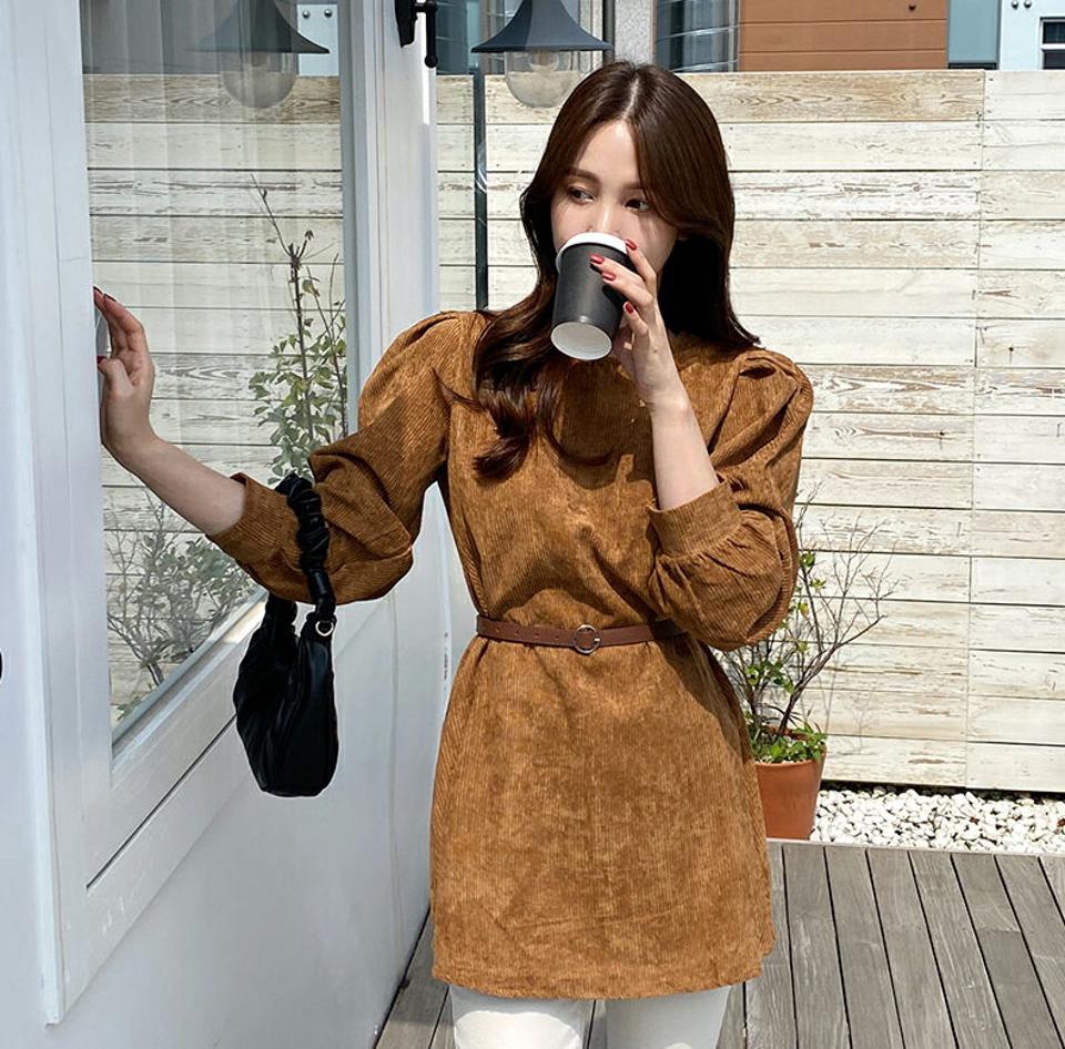 ベルト付コーデュロイブラウス・全3色・t70173 レディース 【bl】 トップス ブラウス 長袖 大人 ユニーク チュニックタイプ コーデュロイ フェミニン カジュアル パフ ラウンドネック 上品 春 秋 韓国ファッション ハイホリHIHOLLI