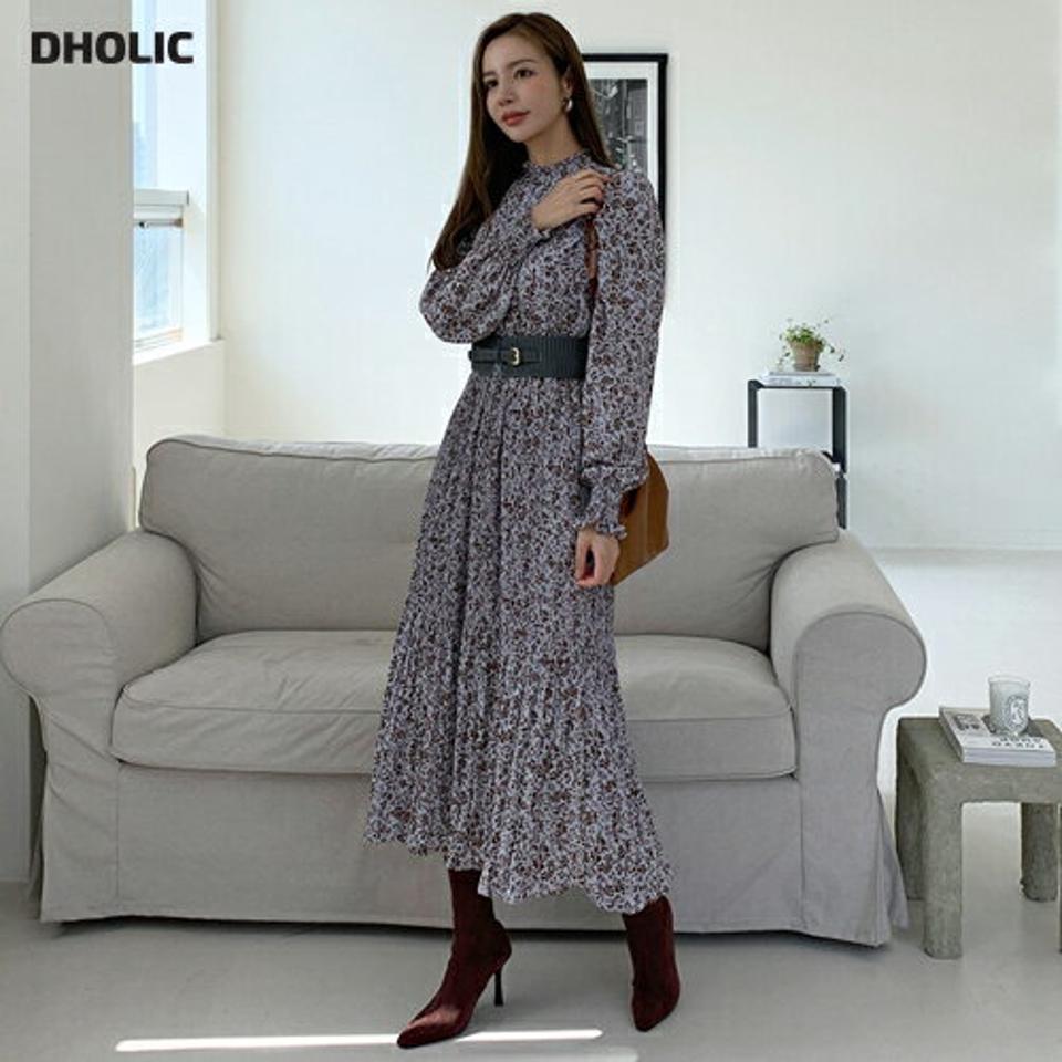 花柄シャーリングワンピース・全3色・b70174 レディース 【ops】 ワンピース ロングワンピース シャーリング 長袖 花柄 フェミニン Aライン ハーフネック フリル 春 秋 韓国ファッション ハイホリHIHOLLI