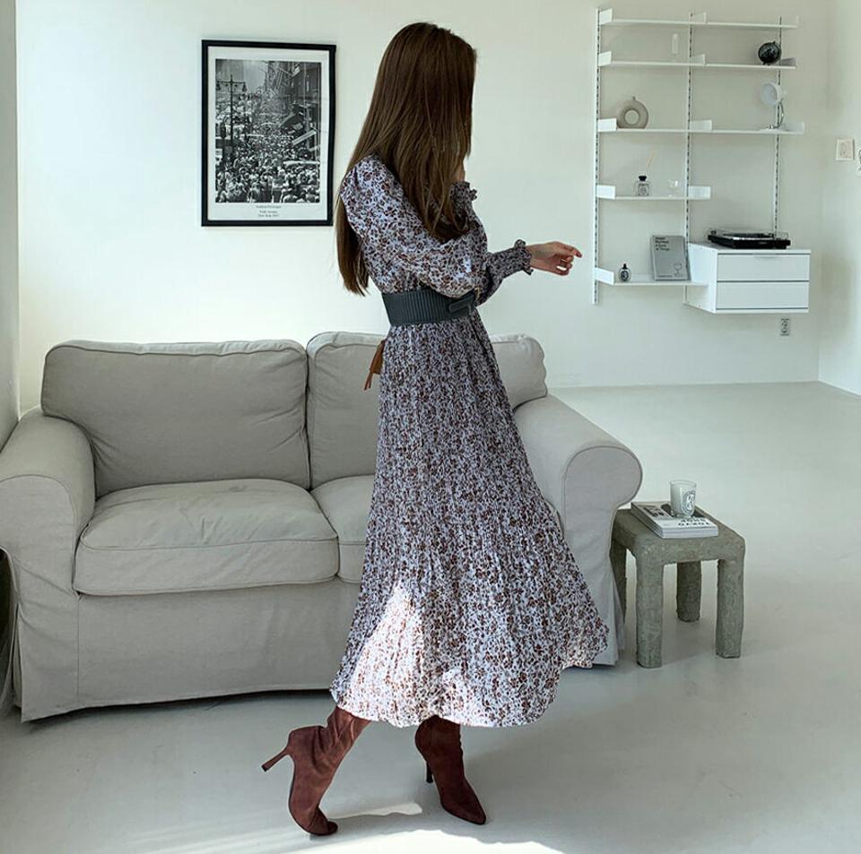 花柄シャーリングワンピース・全3色・b70174 レディース 【ops】 ワンピース ロングワンピース シャーリング 長袖 花柄 フェミニン Aライン ハーフネック フリル 春 秋 韓国ファッション ハイホリHIHOLLI