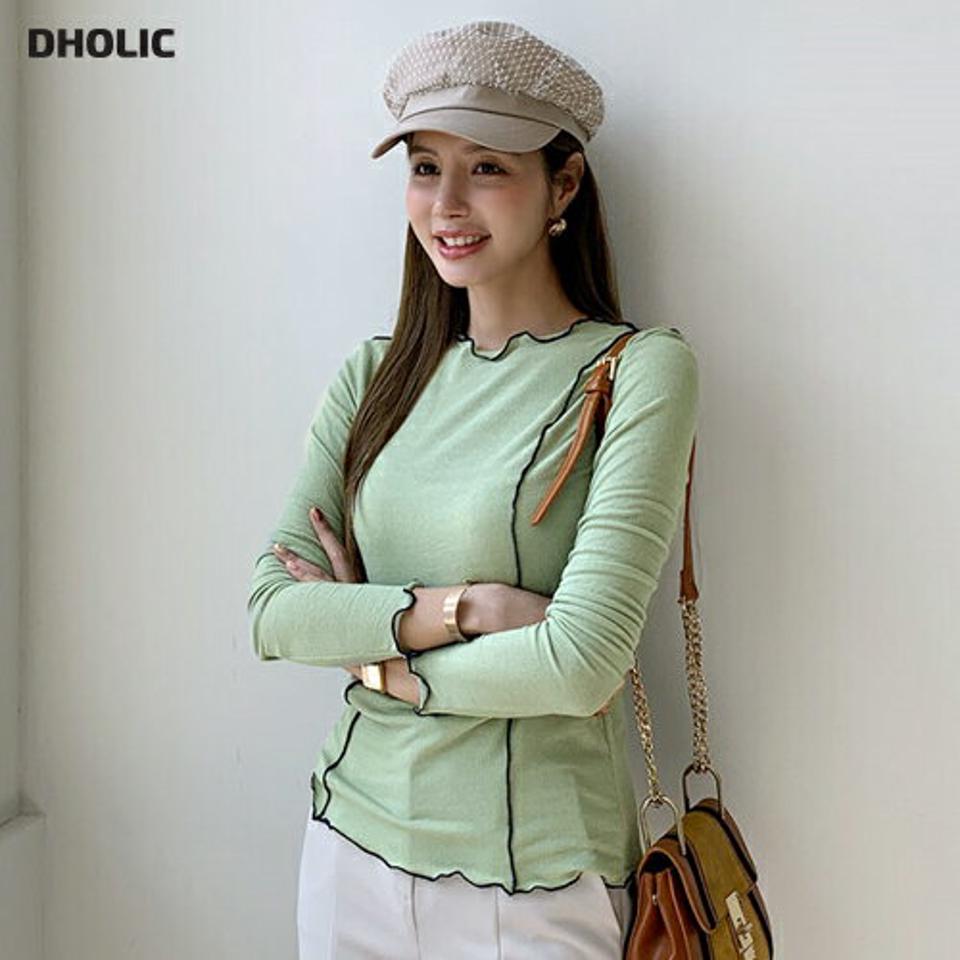 メロウ配色ラインTシャツ・全4色・t70165 レディース 【tops】 トップス Tシャツ 長袖 メロウ 配色 ラウンドネック スリム フィット タイト ベーシック デイリー 細身 フェミニン クリスマス 春 秋 韓国ファッション ハイホリHIHOLLI