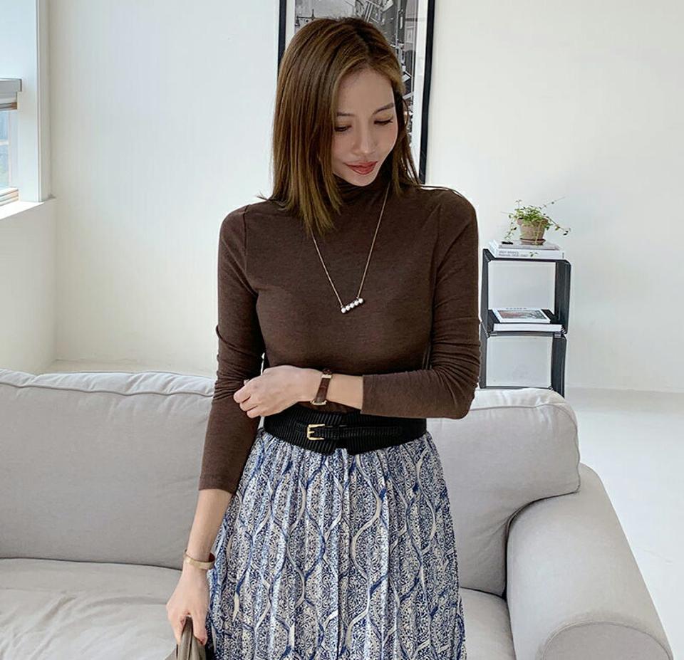 ハイネックTシャツ・全5色・t70164 レディース 【tops】 トップス Tシャツ 長袖 ハイネック スリム フィット タイト ベーシック デイリー 体型カバー 細身 フェミニン 春 秋 韓国ファッション ハイホリHIHOLLI
