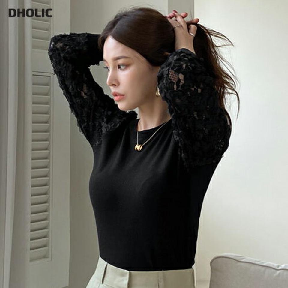 花柄シフォンスリーブニット・全2色・b70181 レディース 【tops】 トップス ニット 長袖 ユニーク 異素材 花柄 フラワー シフォン フェミニン リブ ラウンドネック 大人 細身 体型カバー 上品 春 秋 韓国ファッション ハイホリHIHOLLI