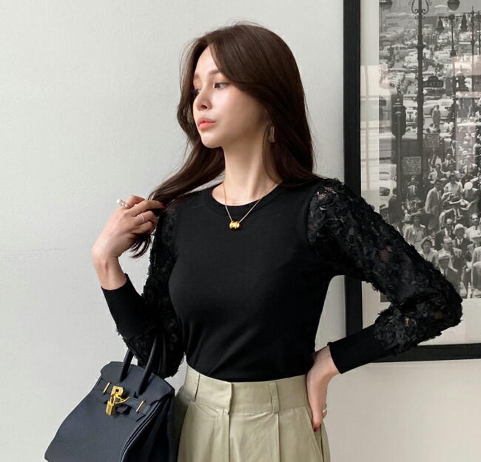 花柄シフォンスリーブニット・全2色・b70181 レディース 【tops】 トップス ニット 長袖 ユニーク 異素材 花柄 フラワー シフォン フェミニン リブ ラウンドネック 大人 細身 体型カバー 上品 春 秋 韓国ファッション ハイホリHIHOLLI