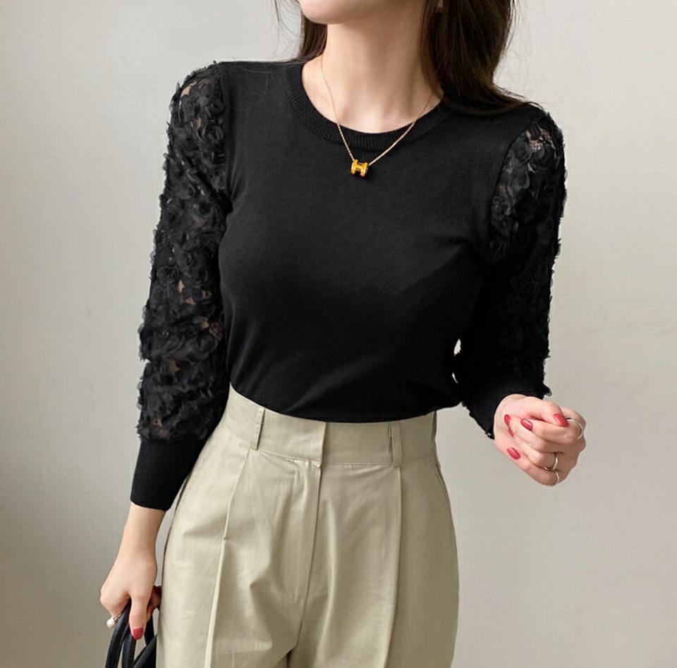 花柄シフォンスリーブニット・全2色・b70181 レディース 【tops】 トップス ニット 長袖 ユニーク 異素材 花柄 フラワー シフォン フェミニン リブ ラウンドネック 大人 細身 体型カバー 上品 春 秋 韓国ファッション ハイホリHIHOLLI
