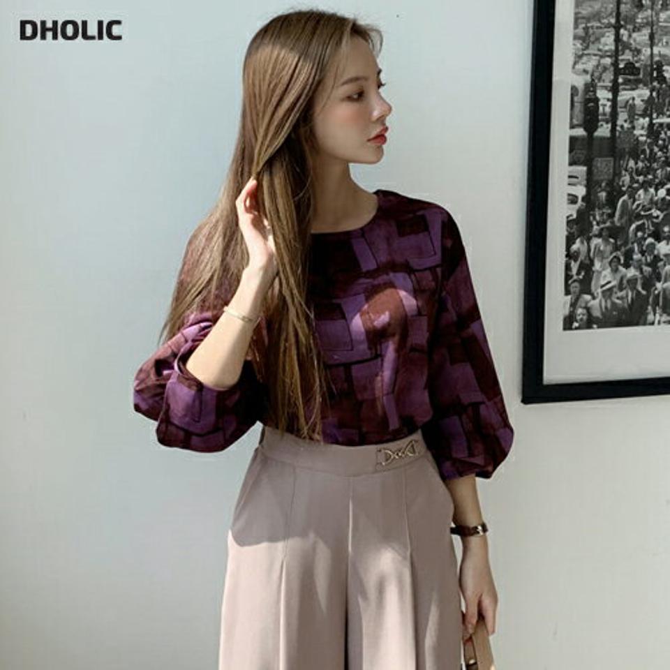 即日配送【只今30%OFF】タックスリーブパターンブラウス・全2色・t70168 レディース 【bl】 トップス ブラウス 長袖 大人 ユニーク スクエア パターン ラウンドネック フェミニン カジュアル 春 秋 韓国ファッション ハイホリHIHOLLI