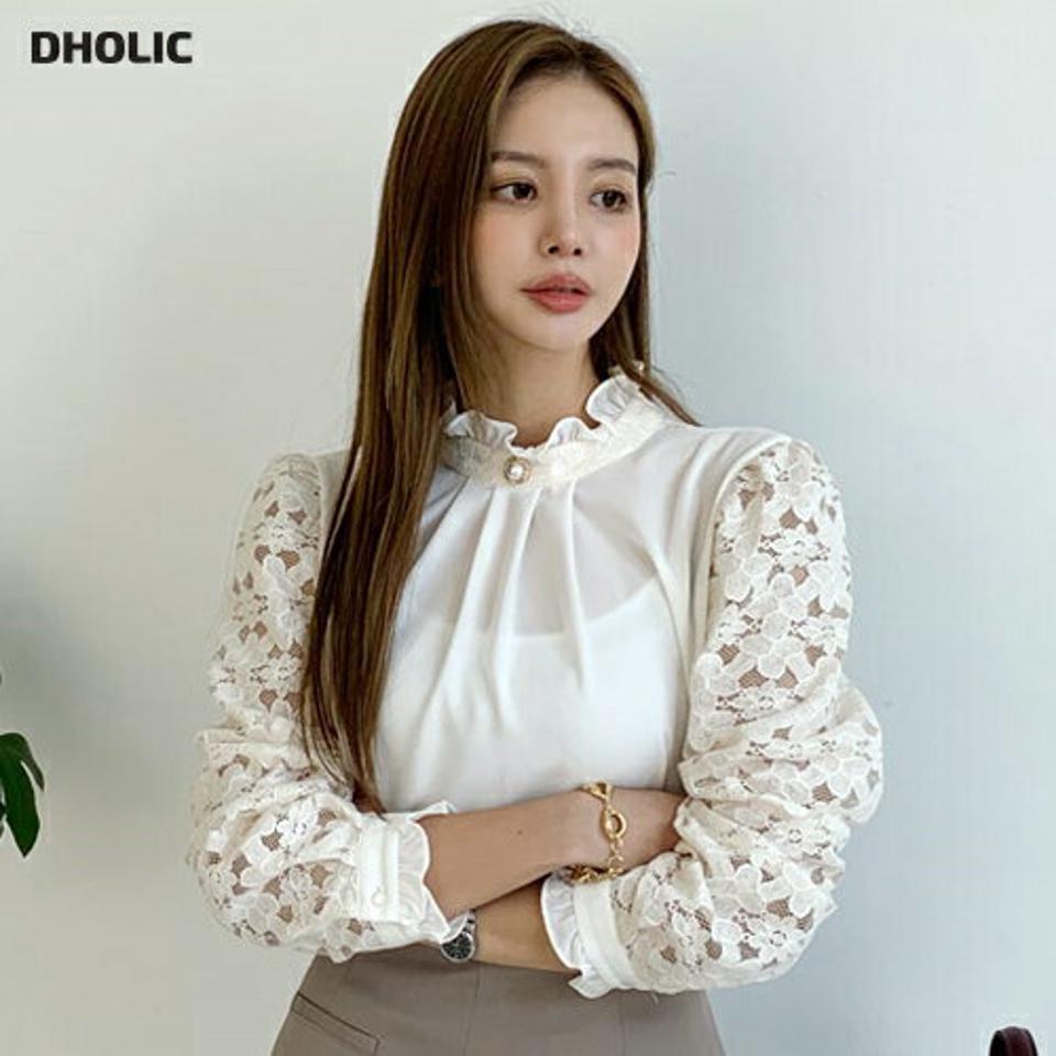 【タイム特価】フリルレーススリーブブラウス・全3色・t70169 レディース 【bl】 トップス ブラウス 長袖 大人 ハーフネック レーススリーブ 異素材 フリル パール レース ユニーク フェミニン カジュアル 春 秋 韓国ファッション ハイホリHIHOLLI 【TS】セール