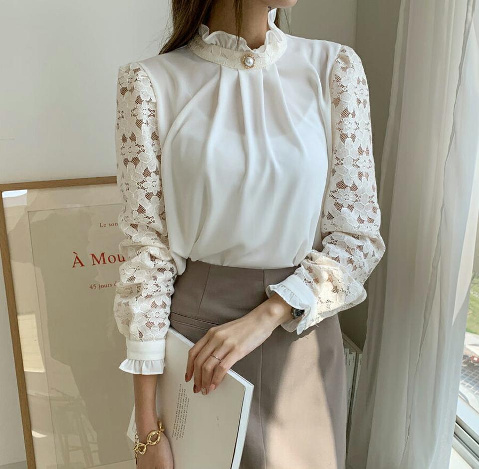 【タイム特価】フリルレーススリーブブラウス・全3色・t70169 レディース 【bl】 トップス ブラウス 長袖 大人 ハーフネック レーススリーブ 異素材 フリル パール レース ユニーク フェミニン カジュアル 春 秋 韓国ファッション ハイホリHIHOLLI 【TS】セール