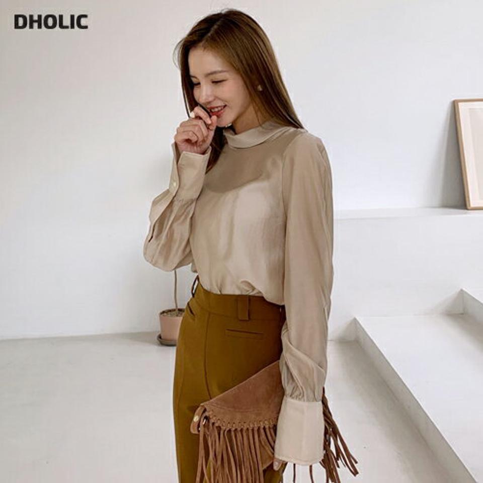 シアーハーフネックブラウス・全3色・t70170 レディース 【bl】 トップス ブラウス 長袖 大人 ハーフネック ユニーク 上品 シアー ギャザー フェミニン カジュアル 春 秋 韓国ファッション ハイホリHIHOLLI