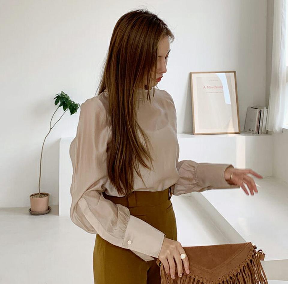 シアーハーフネックブラウス・全3色・t70170 レディース 【bl】 トップス ブラウス 長袖 大人 ハーフネック ユニーク 上品 シアー ギャザー フェミニン カジュアル 春 秋 韓国ファッション ハイホリHIHOLLI