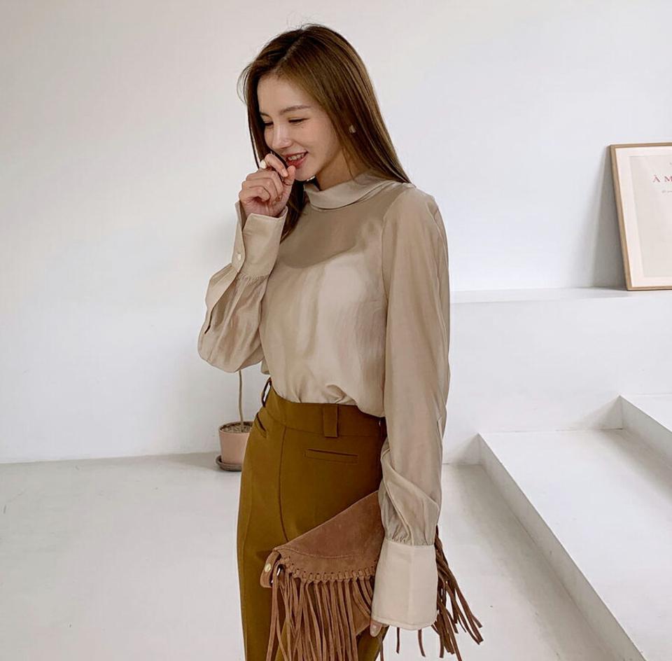 シアーハーフネックブラウス・全3色・t70170 レディース 【bl】 トップス ブラウス 長袖 大人 ハーフネック ユニーク 上品 シアー ギャザー フェミニン カジュアル 春 秋 韓国ファッション ハイホリHIHOLLI