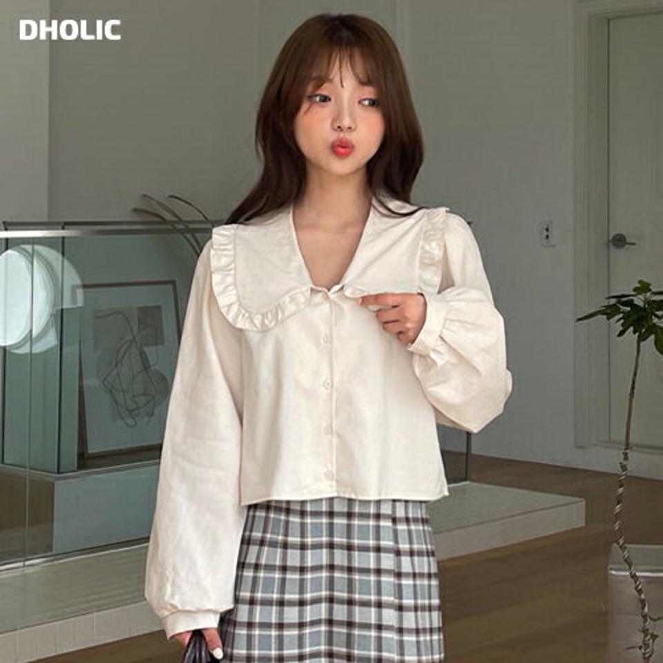 ビッグフリルカラーブラウス・全4色・t00882 レディース 【bl】韓国ファッション トップス ブラウス 長袖 シンプル ビッグカラー フリル パフスリーブ フェミニン ボタン 上品 体型カバー 細身 ガーリー 春 秋 NIJU