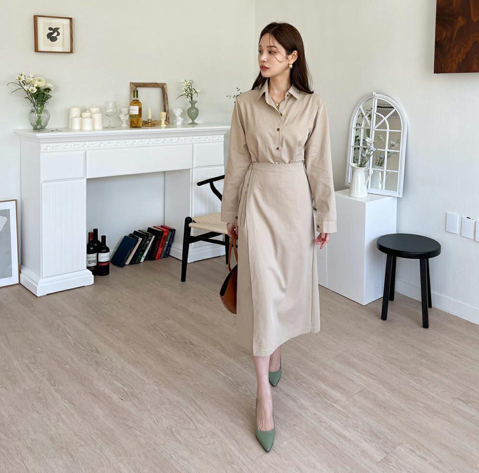 ラップシャツロングワンピース・全2色・t00015 レディース 【ops】 ワンピース ロング ロングワンピース 長袖 ニット ラップ シャツ シャツワンピース 体型カバー コットン 春 秋 韓国ファッション ハイホリHIHOLLI