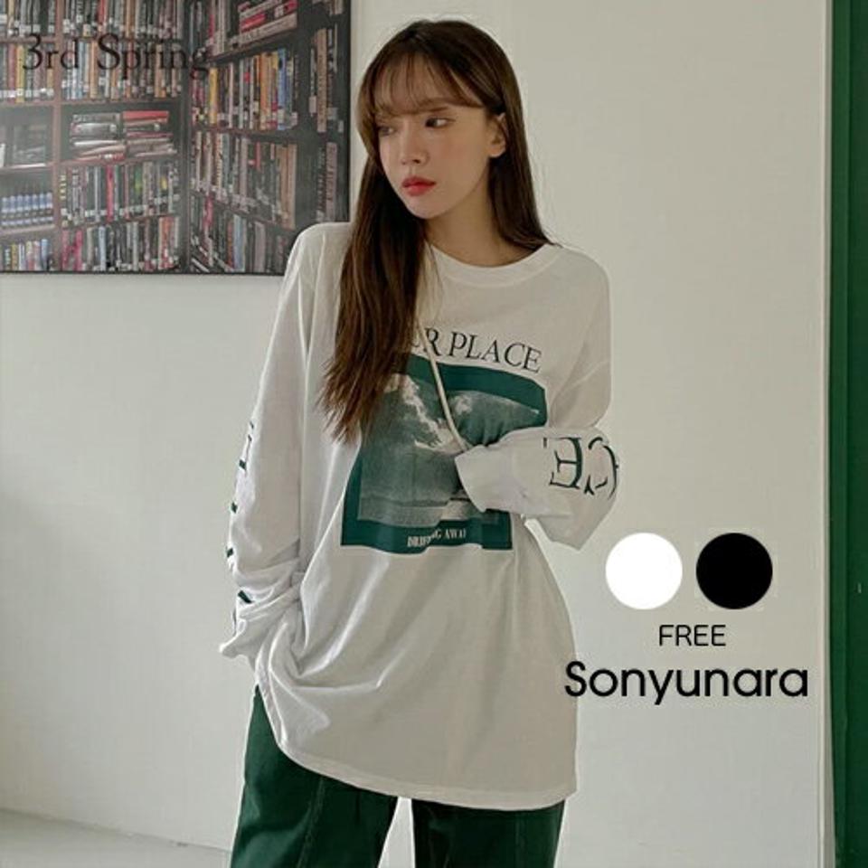 SONYUNARA(ソニョナラ)OUR PLACEプリント長袖Tシャツ【9/24up_ka】韓国 韓国ファッション トップス ロンT オーバーサイズ 袖ロゴ 体型カバー 体型カバー メンズ ユニセックス 男女兼用 レディース ファッション【5】