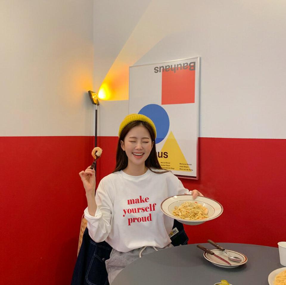mayblue(メイブルー)make yourself proud ロングTシャツ【9/22up_ka】【メール便】韓国 韓国ファッション　レディース トップス Tシャツ 長袖 ロンT 英字プリント ラウンドネック 丸首 大人 カジュアル らくちん 着回し 秋 冬レディース ファッション【7】