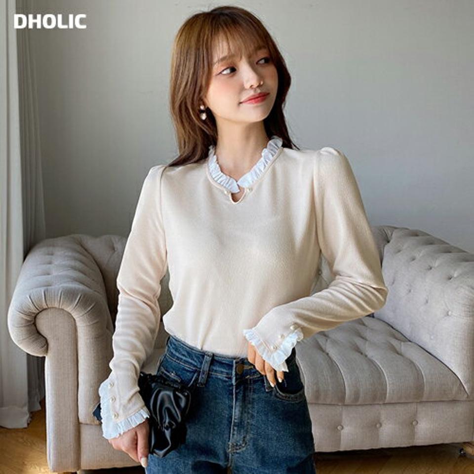 フェイクパールフリルブラウス・全3色・t65130 レディース 【bl】韓国ファッション トップス ブラウス 長袖 スリットネック パール調 シンプル フリル フェミニン 無地 上品 ガーリー カジュアル 春 秋 NIJU