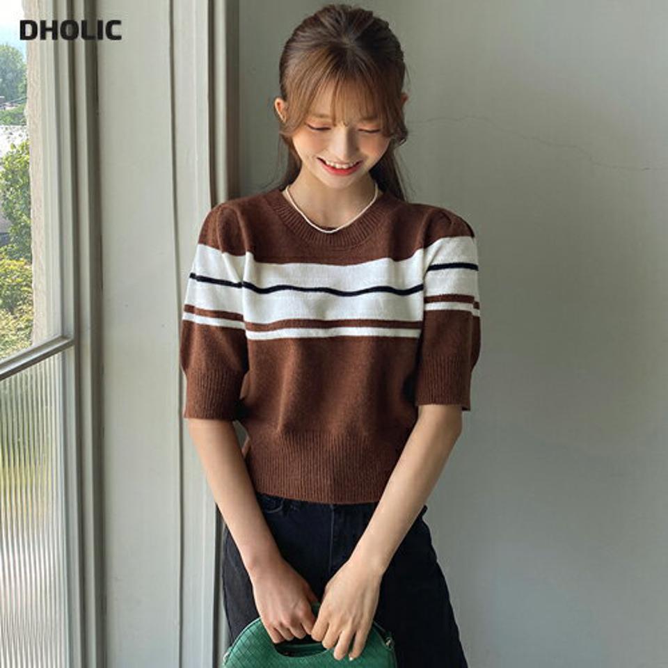 ボーダー半袖パフニット・全3色・t65138 レディース 【tops】韓国 ファッション トップス ニット 半袖 ラウンドネック ボーダー パフスリーブ デイリー 細身 カジュアル 体型カーバー ガーリー ゆったり 楽ちん フェミニン 春 秋 NIJU