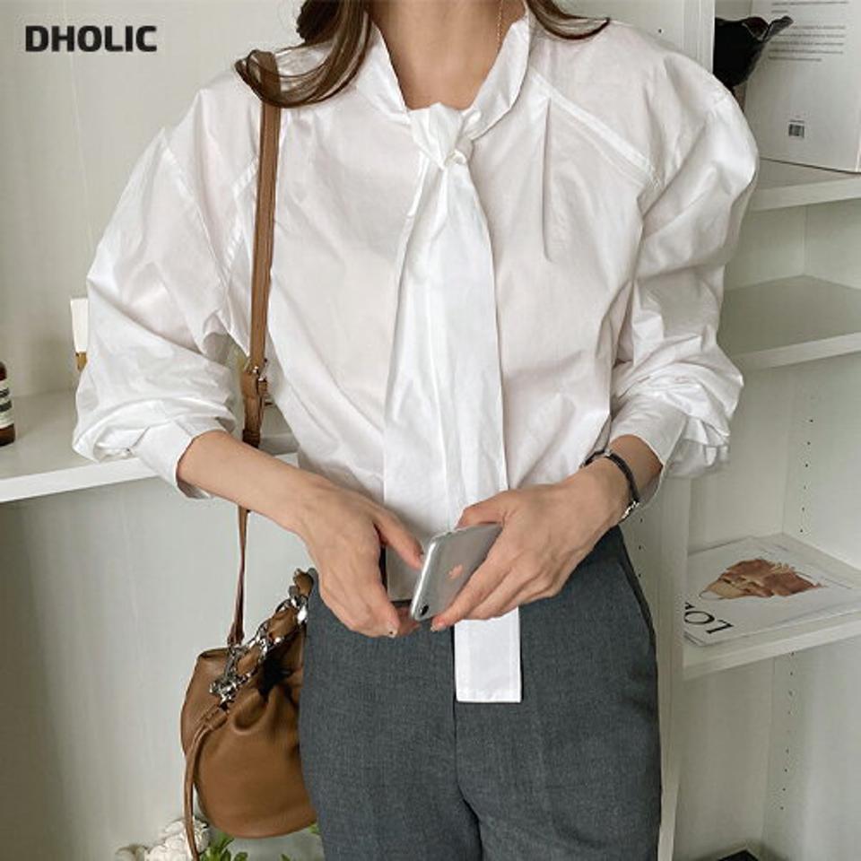 リボンブラウス・全4色・t00330 レディース 【bl】 トップス ブラウス 長袖 ネックリボン ガーリー カフス フライフロント スリット 大人 ユニーク フェミニン 上品 春 秋 韓国 ファッション ハイホリHIHOLLI