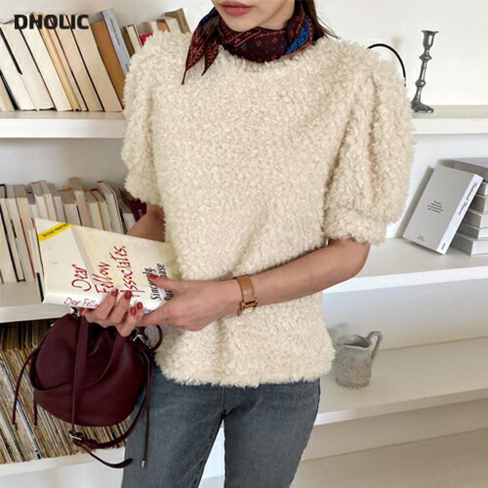 ソフトタッチ半袖ブラウス・全3色・t00361 レディース 【bl】 トップス ブラウス 半袖 ふわふわ 大人 ユニーク フェミニン 上品 ラウンドネック 冬 ボリューム もこもこ 春 秋 韓国ファッション HIHOLLI