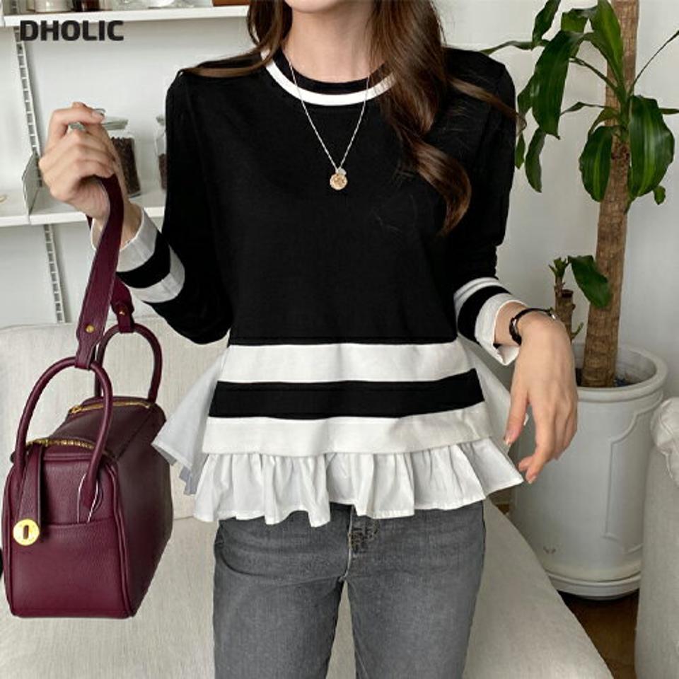 ラウンドネック配色フリルニット・全2色・b00332 レディース 【tops】 トップス ニット 長袖 ラウンドネック 異素材 リブ ユニーク やわらかい 大人 シンプル 細身 体型カバー 上品 フリル 春 秋 韓国ファッション ハイホリHIHOLLI