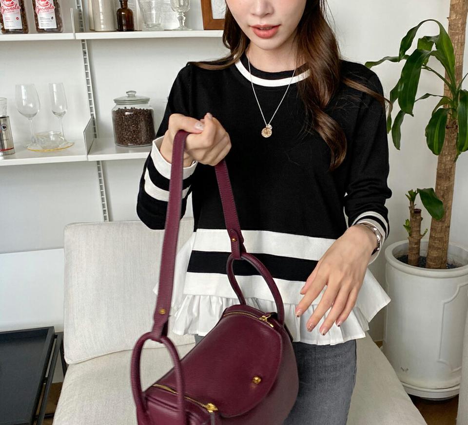 ラウンドネック配色フリルニット・全2色・b00332 レディース 【tops】 トップス ニット 長袖 ラウンドネック 異素材 リブ ユニーク やわらかい 大人 シンプル 細身 体型カバー 上品 フリル 春 秋 韓国ファッション ハイホリHIHOLLI