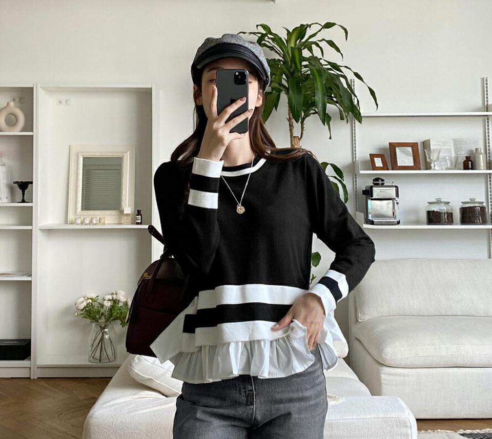 ラウンドネック配色フリルニット・全2色・b00332 レディース 【tops】 トップス ニット 長袖 ラウンドネック 異素材 リブ ユニーク やわらかい 大人 シンプル 細身 体型カバー 上品 フリル 春 秋 韓国ファッション ハイホリHIHOLLI