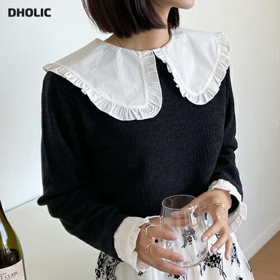 ≪人気商品再入荷≫フリルビッグカラーTシャツ・全3色・b58176 レディース 【tops】韓国ファッション トップス Tシャツ 大人 長袖 フリル ビッグカラー 配色 コントラスト シンプル カジュアル 体型カバー 細身 フェミニン 上品 デイリー 無地 秋 春