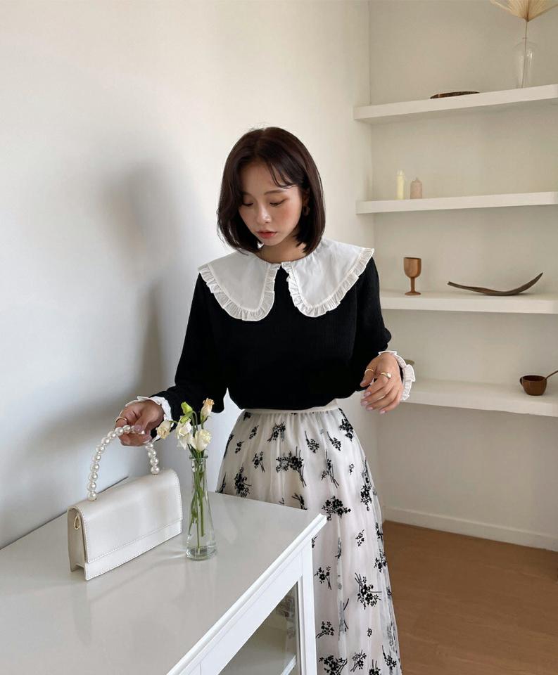 ≪人気商品再入荷≫フリルビッグカラーTシャツ・全3色・b58176 レディース 【tops】韓国ファッション トップス Tシャツ 大人 長袖 フリル ビッグカラー 配色 コントラスト シンプル カジュアル 体型カバー 細身 フェミニン 上品 デイリー 無地 秋 春