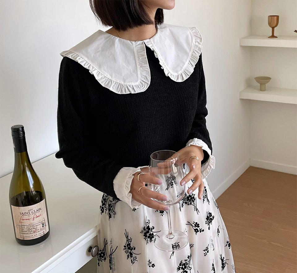 ≪人気商品再入荷≫フリルビッグカラーTシャツ・全3色・b58176 レディース 【tops】韓国ファッション トップス Tシャツ 大人 長袖 フリル ビッグカラー 配色 コントラスト シンプル カジュアル 体型カバー 細身 フェミニン 上品 デイリー 無地 秋 春