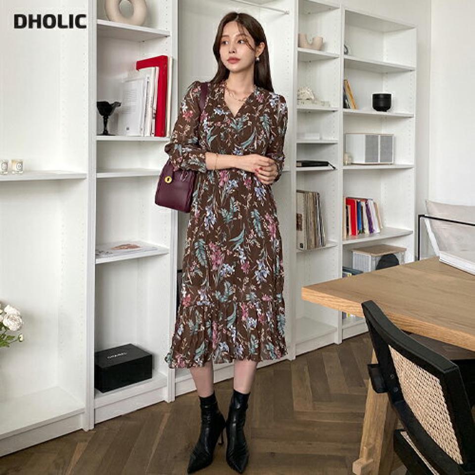 【10%OFF】ベルト付Vネックフラワーワンピース・全2色・b00350 レディース 【ops】 ワンピース ロングワンピース フラワー 花柄 長袖 体型カバー リンクル フェミニン Vネック デコルテ 春 秋 韓国ファッション ハイホリHIHOLLI 春セール