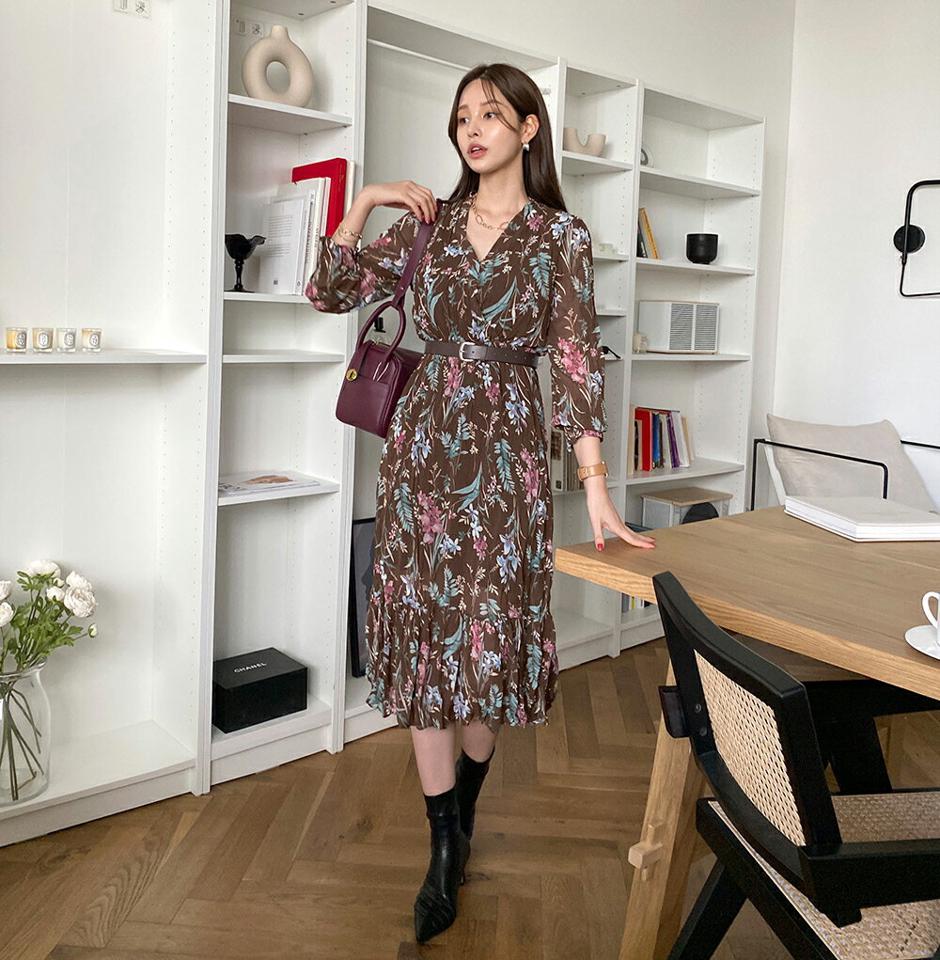 【10%OFF】ベルト付Vネックフラワーワンピース・全2色・b00350 レディース 【ops】 ワンピース ロングワンピース フラワー 花柄 長袖 体型カバー リンクル フェミニン Vネック デコルテ 春 秋 韓国ファッション ハイホリHIHOLLI 春セール