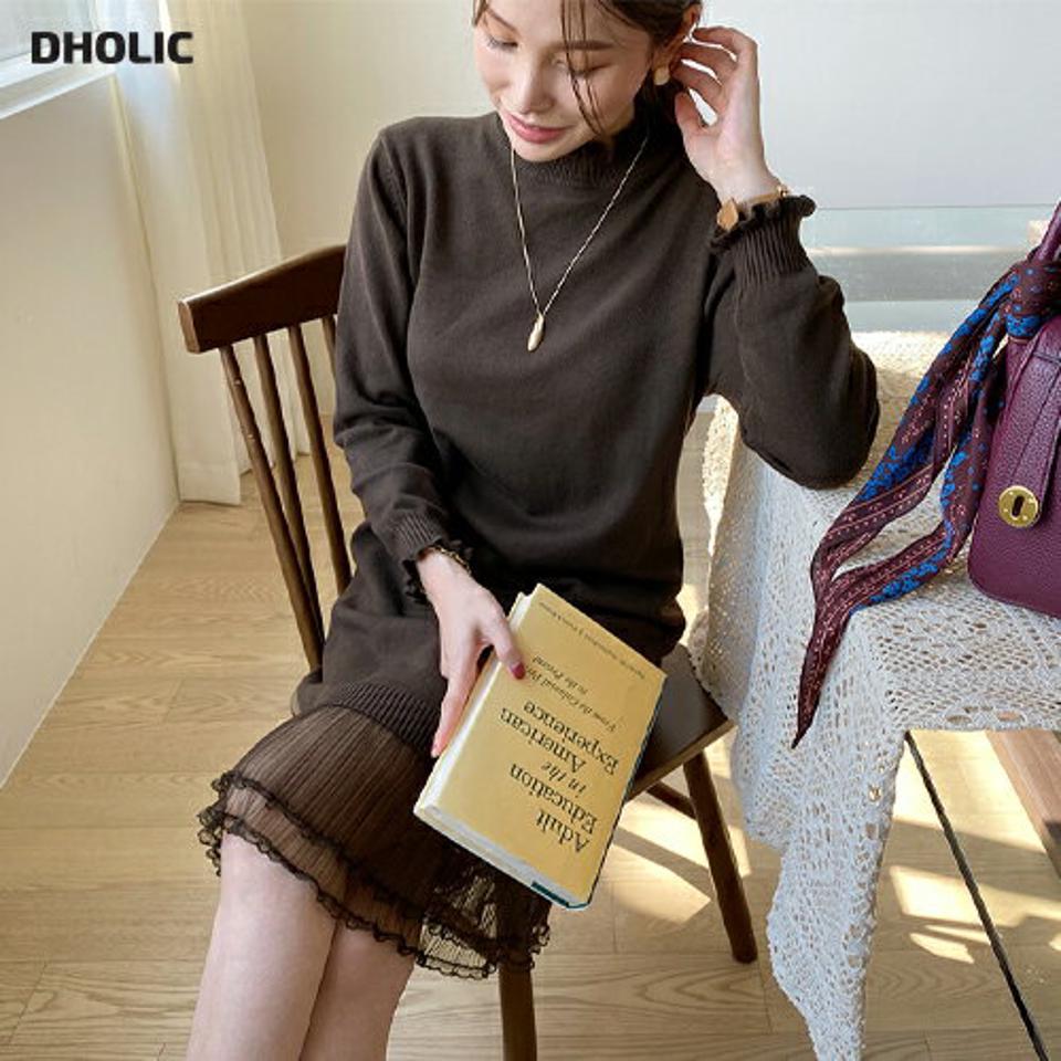 チュールへムニットワンピース・全4色・b00351 レディース 【ops】 ワンピース ロングワンピース ニット リブ フリル プリーツ 長袖 体型カバー 異素材 フェミニン 春 秋 韓国ファッション ハイホリHIHOLLI