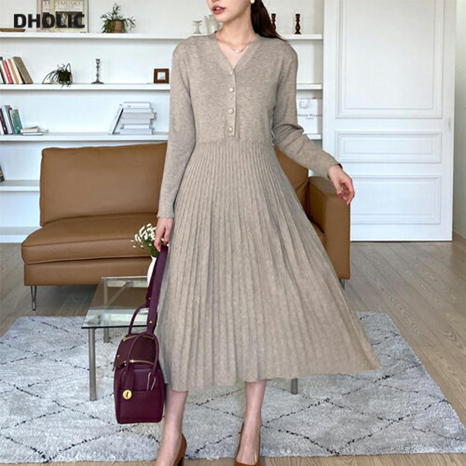 ≪人気商品再入荷≫ベルト付Vネックニットワンピース・全2色・b00338 レディース 【ops】 ワンピース ロングワンピース ニット リブ Vネック プリーツ 長袖 フェミニン 年上 大人 高見え 春 秋 フレンチ 骨格ストレート 韓国ファッション ハイホリHIHOLLI