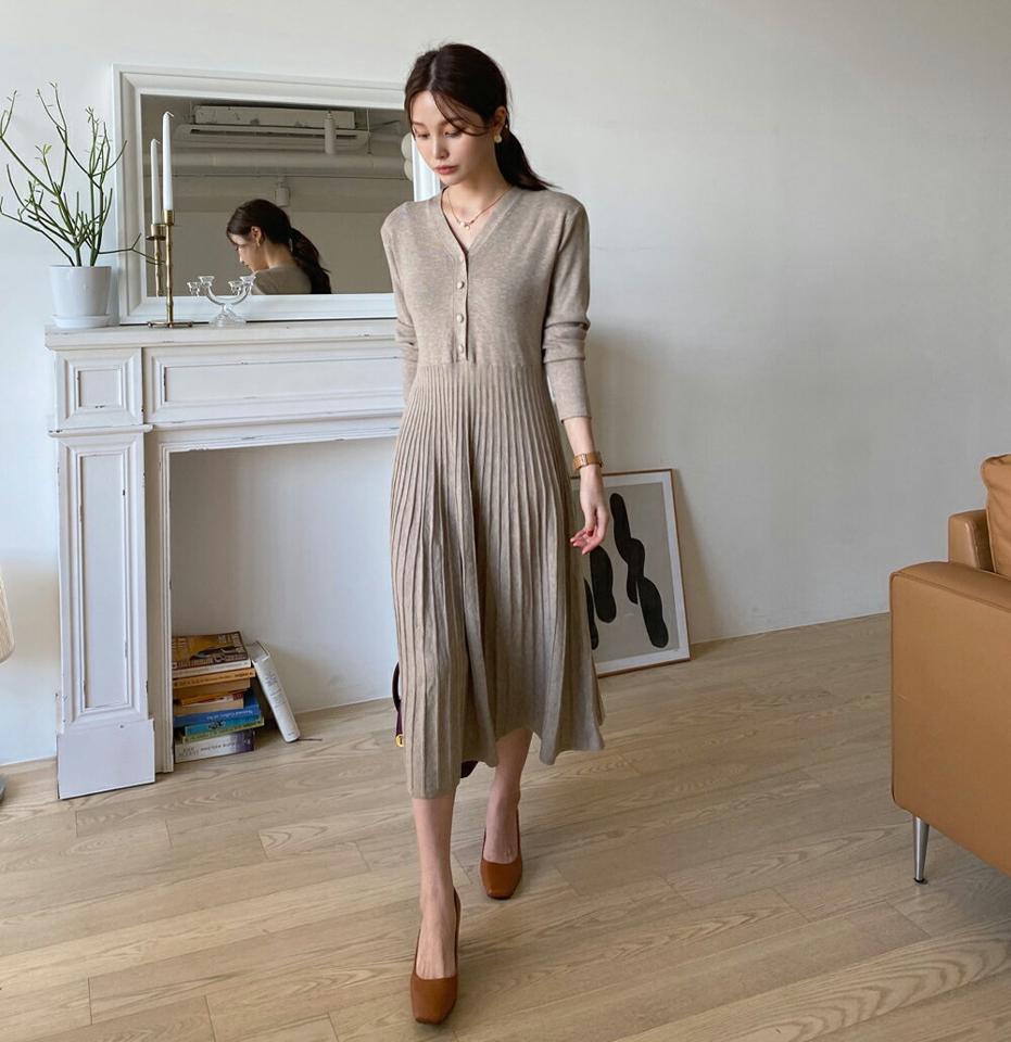 ≪人気商品再入荷≫ベルト付Vネックニットワンピース・全2色・b00338 レディース 【ops】 ワンピース ロングワンピース ニット リブ Vネック プリーツ 長袖 フェミニン 年上 大人 高見え 春 秋 フレンチ 骨格ストレート 韓国ファッション ハイホリHIHOLLI