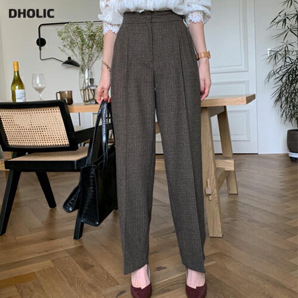 即日配送【只今30%OFF】チェックスラックスパンツ・全2色・t00349 レディース 【pt】 ボトムス ロング ロングパンツ チェック スラックス ベーシック 体型カバー 足長 着痩せ オフィスカジュアル ワイド 春 秋 韓国ファッション ハイホリHIHOLLI