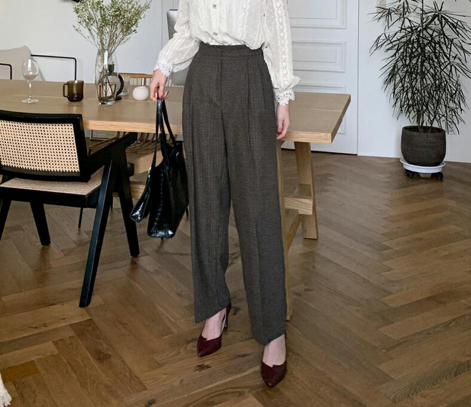 即日配送【只今30%OFF】チェックスラックスパンツ・全2色・t00349 レディース 【pt】 ボトムス ロング ロングパンツ チェック スラックス ベーシック 体型カバー 足長 着痩せ オフィスカジュアル ワイド 春 秋 韓国ファッション ハイホリHIHOLLI