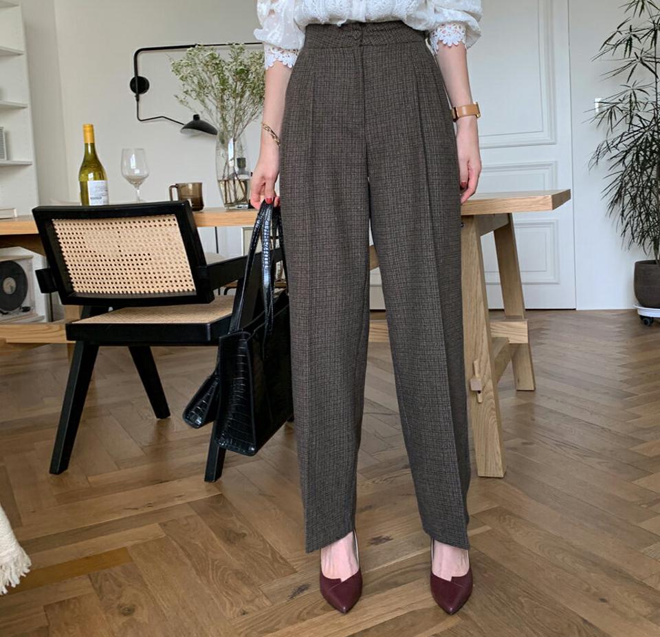 即日配送【只今30%OFF】チェックスラックスパンツ・全2色・t00349 レディース 【pt】 ボトムス ロング ロングパンツ チェック スラックス ベーシック 体型カバー 足長 着痩せ オフィスカジュアル ワイド 春 秋 韓国ファッション ハイホリHIHOLLI