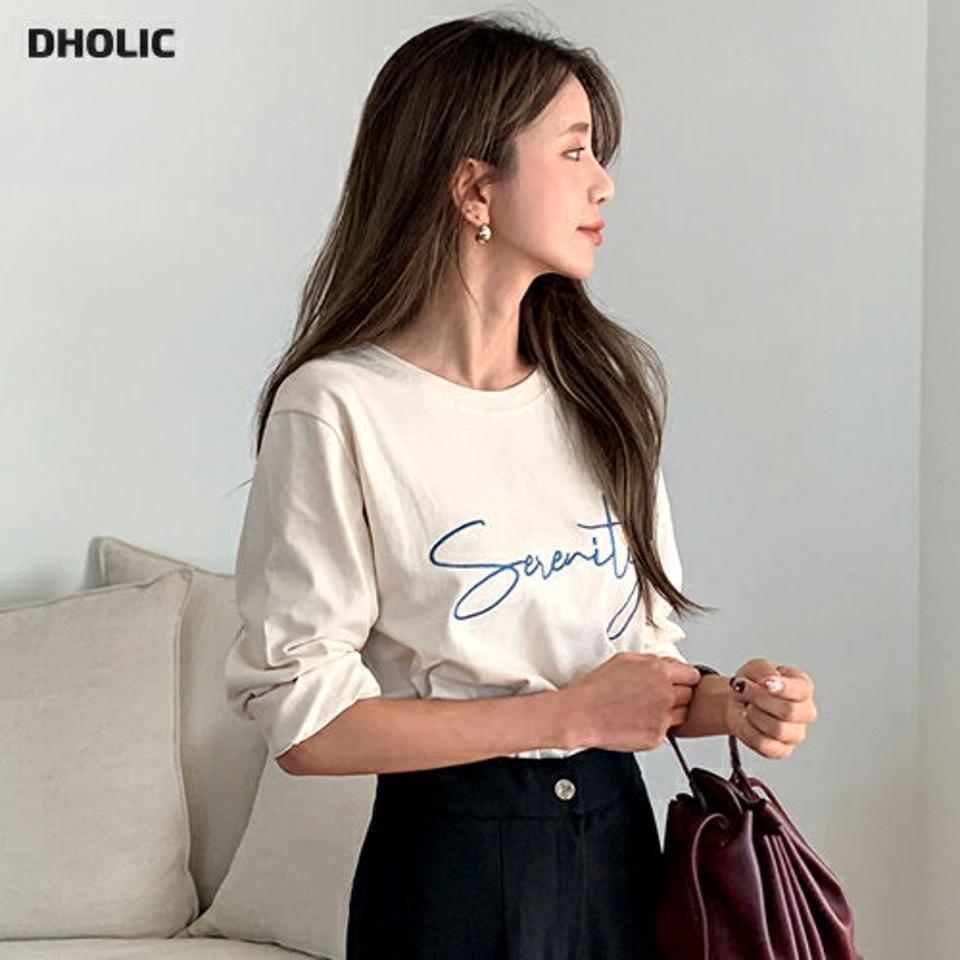ラウンド刺繍レタリングTシャツ・全3色・t58143 レディース 【tops】韓国ファッション トップス Tシャツ 大人 長袖 ラウンドネック 刺繍 レタリング シンプル カジュアル ルーズ 柄 デイリー 無地 秋 春