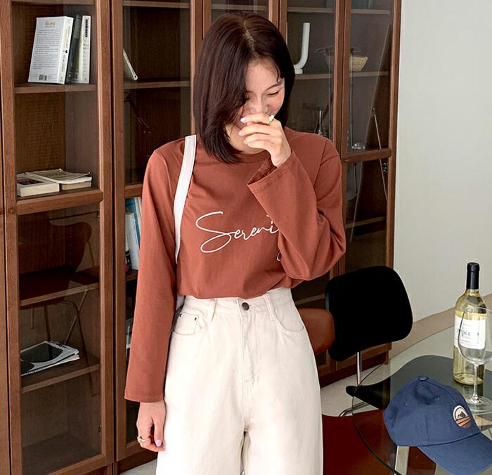 ラウンド刺繍レタリングTシャツ・全3色・t58143 レディース 【tops】韓国ファッション トップス Tシャツ 大人 長袖 ラウンドネック 刺繍 レタリング シンプル カジュアル ルーズ 柄 デイリー 無地 秋 春