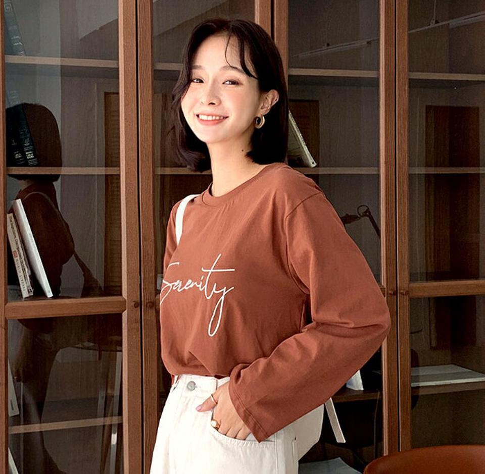 ラウンド刺繍レタリングTシャツ・全3色・t58143 レディース 【tops】韓国ファッション トップス Tシャツ 大人 長袖 ラウンドネック 刺繍 レタリング シンプル カジュアル ルーズ 柄 デイリー 無地 秋 春