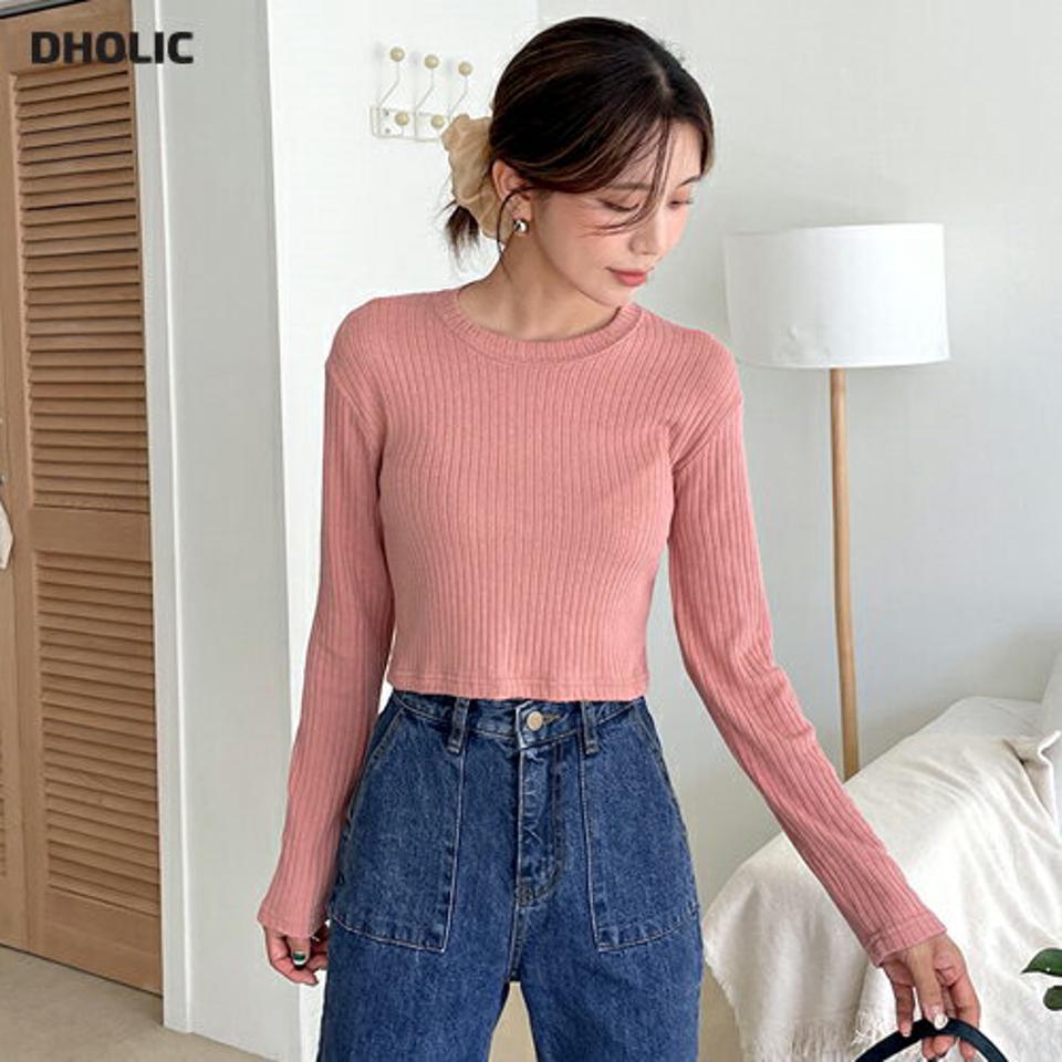 リブクロップドTシャツ・全6色・t58144 レディース 【tops】韓国ファッション トップス Tシャツ 大人 長袖 ラウンドネック リブ クロップド丈 シンプル カジュアル スリム 体型カバー 細身 フェミニン 上品 デイリー 無地 秋 春