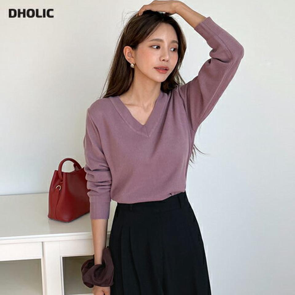 Vネックニット・全8色・b58145 レディース 【tops】韓国ファッション トップス ニット 大人 長袖 Vネック ベーシック シンプル カジュアル カラーニット ルーズ ガーリー 体型カーバー フェミニン 上品 デイリー 無地 秋 春