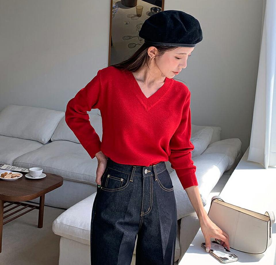 Vネックニット・全8色・b58145 レディース 【tops】韓国ファッション トップス ニット 大人 長袖 Vネック ベーシック シンプル カジュアル カラーニット ルーズ ガーリー 体型カーバー フェミニン 上品 デイリー 無地 秋 春