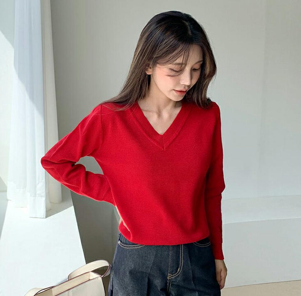 Vネックニット・全8色・b58145 レディース 【tops】韓国ファッション トップス ニット 大人 長袖 Vネック ベーシック シンプル カジュアル カラーニット ルーズ ガーリー 体型カーバー フェミニン 上品 デイリー 無地 秋 春