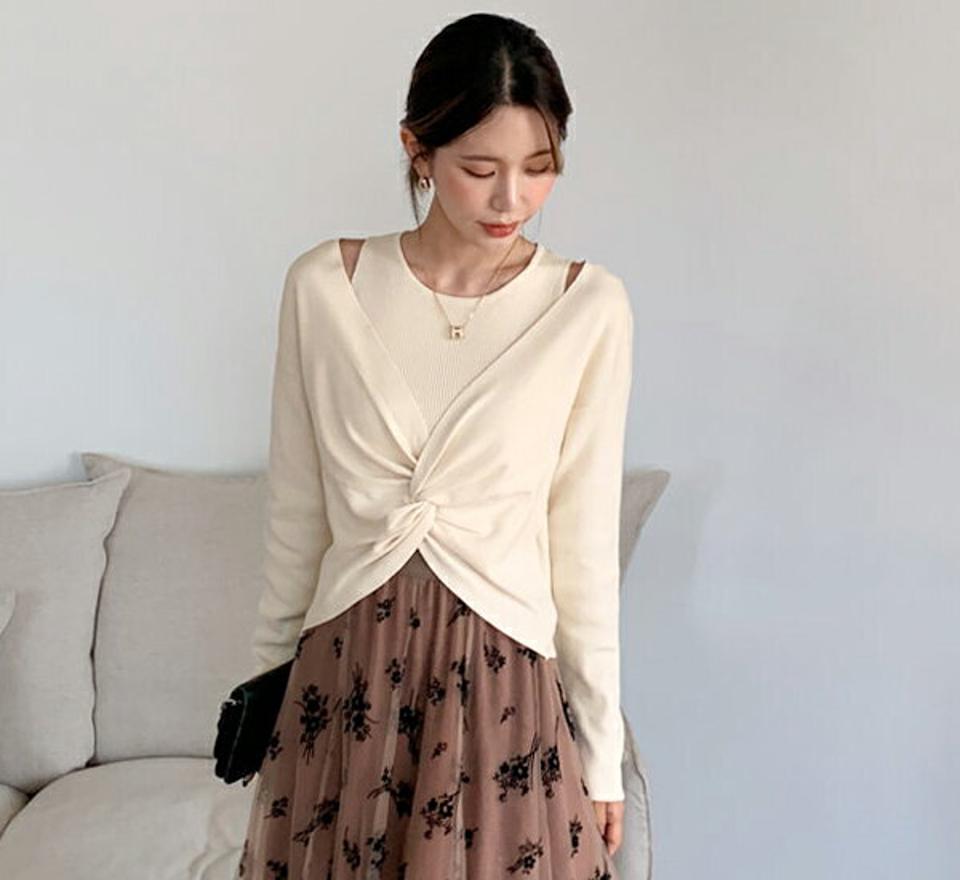 リブノースリーブ&ツイストニットSET・全4色・b58146 レディース 【tops】韓国 ファッション トップス ニット ノースリーブ セット 大人 長袖 ツイスト ブラウンドネック Vネック シンプル カジュアル 体型カーバー 細身 フェミニン 上品 秋 春