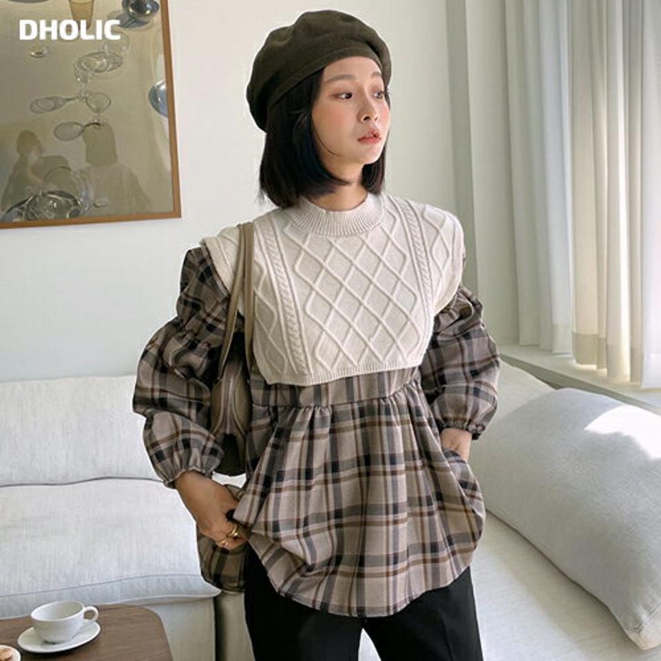 【スーパーセール特価】ニットコントラストチェックブラウス・全2色・b58150 レディース 【bl】韓国ファッション トップス ブラウス 長袖 ハーフネック ケーブル編 チェック ニット レイヤード ロング丈 上品 シンプル フェミニン カジュアル 体型カバー ガーリー 秋 春